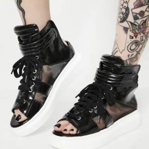 Black patent mesh open toe sneaker sandal